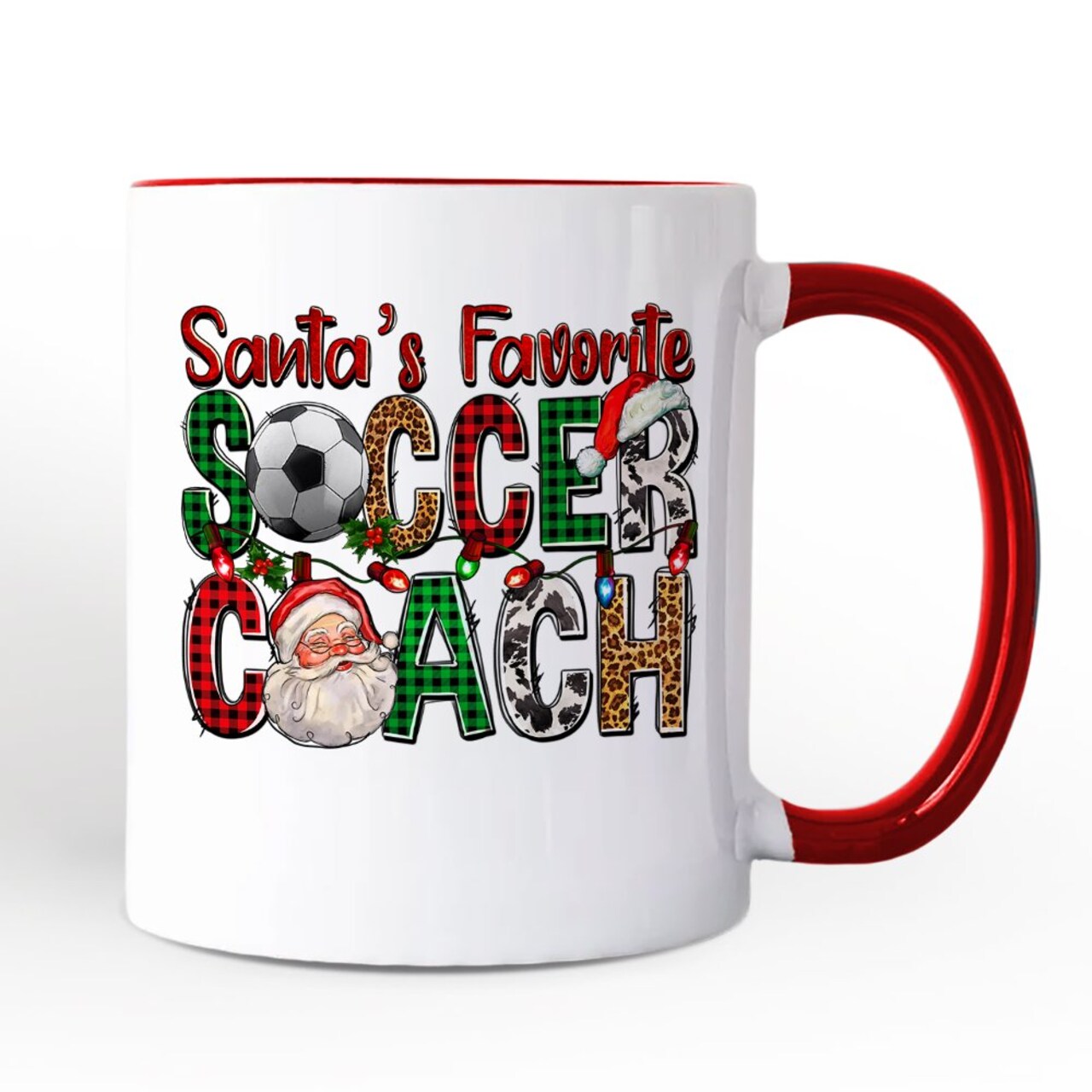 Santa’s Favorite Soccer Coach Mug, Plaid Christmas Football Gift